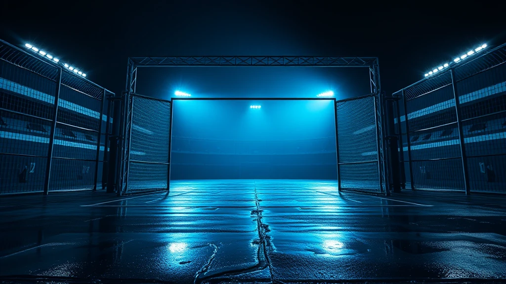 A steel stadium gate half open with light spilling through