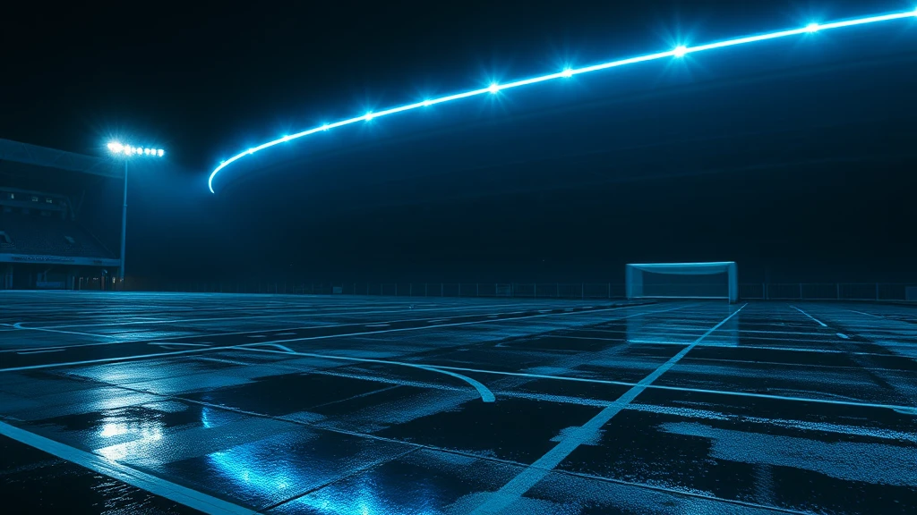 Cyan light streaks racing across wet tarmac outside an arena